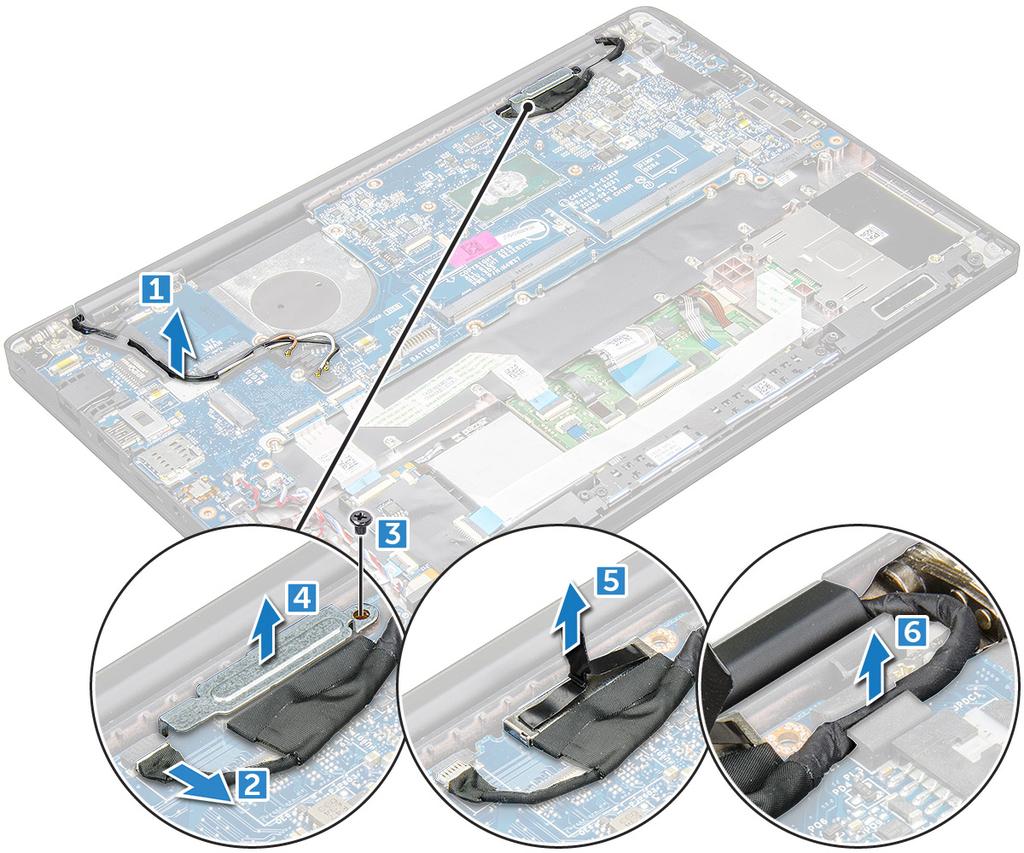 5 Kabloları çıkartmak için: NOT: Hoparlör, LED kartı, düğme pil ve güç konektörü bağlantı noktası kablolarını çıkarmak için plastik bir çubuk kullanın ve kabloları konektörlerden ayırın.