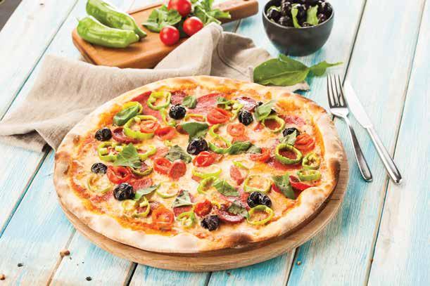 sos, mozzarella peyniri, scamorza peyniri, sucuk, salam, sosis, kiraz domates, köy biberi, siyah zeytin, taze fesleğen DANA BACON PİZZA DANA BACON PİZZA Pizza