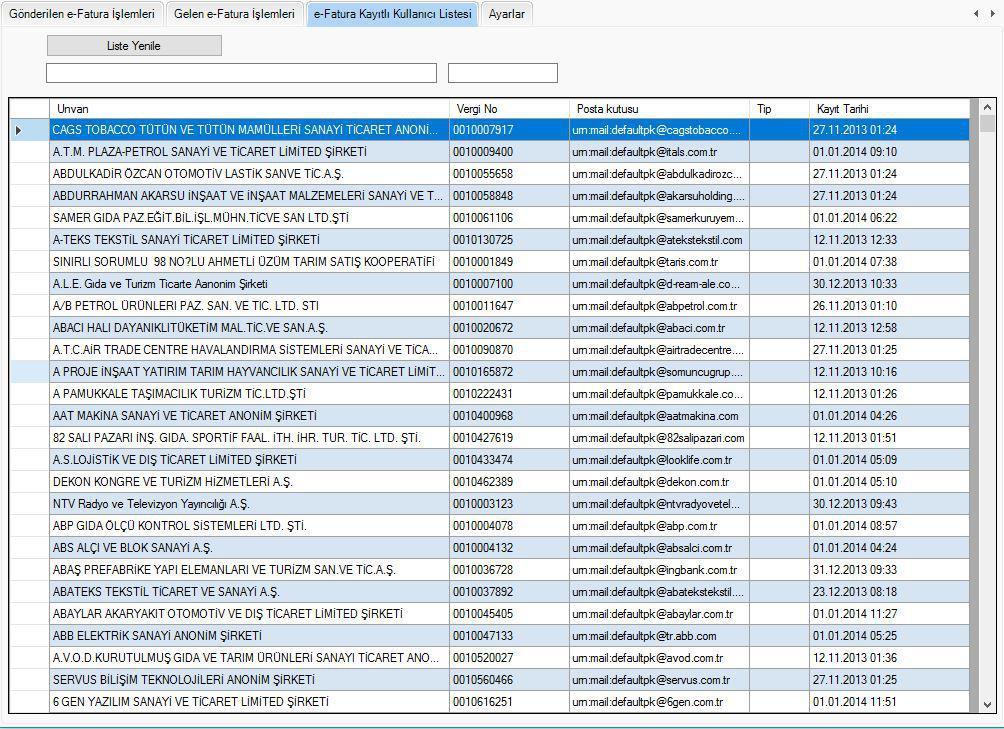 2. e-fatura Kayıtlı Kullanıcılar Listesi Bu bölümde e-fatura sistemine kayıtlı olan firmaların listesi yer almaktadır.
