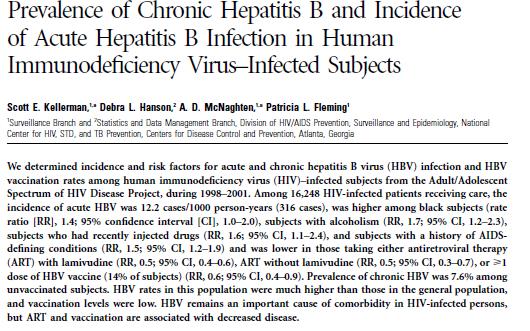 1998-2001 yılları arasında HIV ile infekte adalösan ve erişkinlerde Akut Hepatit B infeksiyonu insidansı ve risk faktörlerinin, Kronik Hepatit B prevalansının ve HBV aşılama oranlarının incelendiği