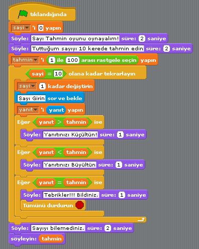 SAYI TAHMİN OYUNU Bu programda bilgisayar 1 ile 100 arasında bir sayı tutar ve kullanıcının bu sayıyı 10 kerede tahmin etmesi istenir. Sahneye herhangi bir karakter eklemek yeterlidir.