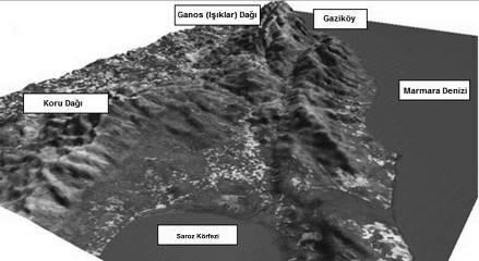 Şekil 41. İnceleme sahasındaki Ganos (Işıklar) Dağı ve çevresinin kabartma haritası (Okay, 2014) Foto 31.