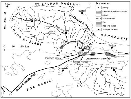 Şekil 73. İnceleme sahasında Paleo-Meriç nehrinin kapılarak yer değiştirmesi (Okay vd., 2002 den yeniden çizilerek) Pliyosen sonu-kuvaterner başı tektonik olayların en şiddetli olduğu zaman dilimidir.