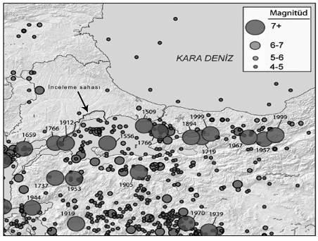 çalışma sonuçları da inceleme sahası ve yakın çevresinin güçlü bir deprem riski altında olduğunu göstermiştir (Özşahin, 2014c). Şekil 74. 20. yüzyıl içerisinde Marmara Bölgesi nde meydana gelen M 4.