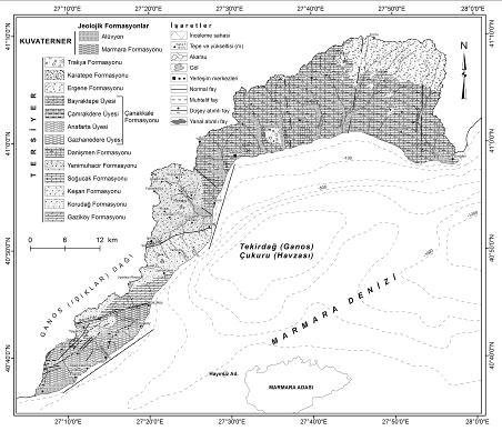 Şekil 12. İnceleme sahasının jeoloji haritası Gaziköy Formasyonu içinde asitik tüfler oransal olarak % 5 den azdır.