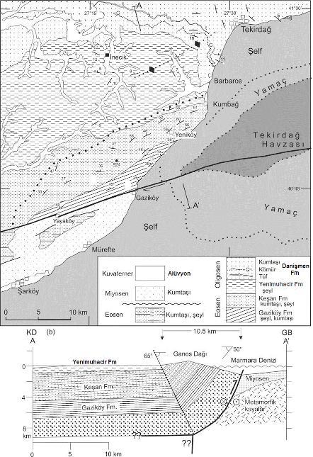 Şekil 14. Ganos Dağı nın basitleştirilmiş jeoloji haritası ve kesiti.