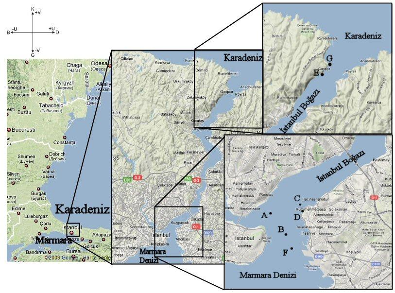 7. Kıyı Mühendisliği Sempozyumu - 405 - Şekil 1 Ölçüm istasyonları, konumları ve koordinat sistemi (Şeklin sol üst köşesinde hız vektörlerinin yön tanımları yapılmıştır).