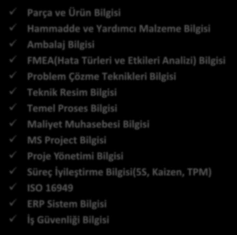 TEKNİK YETKİNLİKLER (Sektöre ve Pozisyona göre değişir ) Parça ve Ürün Bilgisi Hammadde ve Yardımcı Malzeme Bilgisi Ambalaj Bilgisi FMEA(Hata Türleri ve Etkileri Analizi) Bilgisi Problem