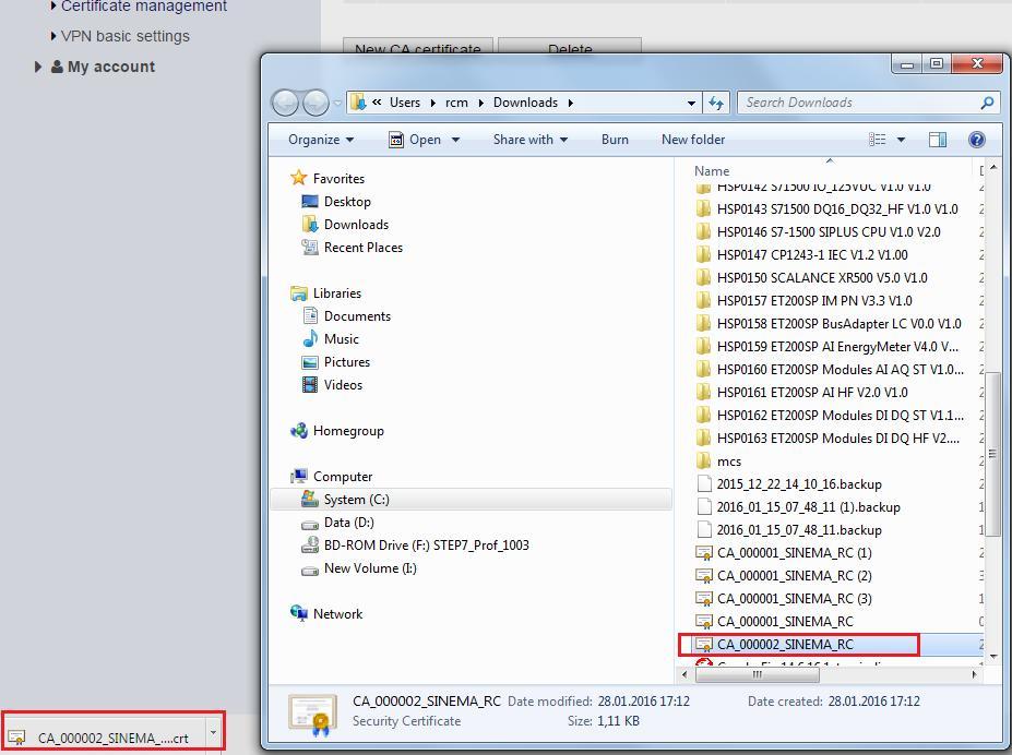 4. SINEMA RC Server Web Server ayarları Sertifika export Bulut ikonuna basılarak, S615 cihazında