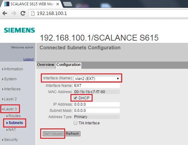 5. SCALANCE S615 İnternet Üzerinden Erişim S615 Ayarları İnternet bağlantısının bağlanacağı, Port 5