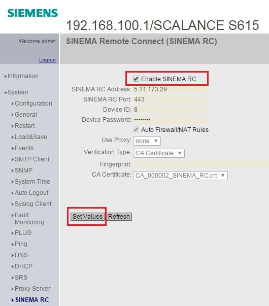 5. SCALANCE S615 İnternet Üzerinden Erişim S615 Ayarları SINEMA RC aktif