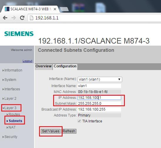 6. SCALANCE M874-3 GSM/GPRS/3G üzerinden uzaktan erişim Modem ayarları Örneğimizde kullanılan modem iç (internal) ip adresi 192.168.100.1 olarak değiştirliyor.