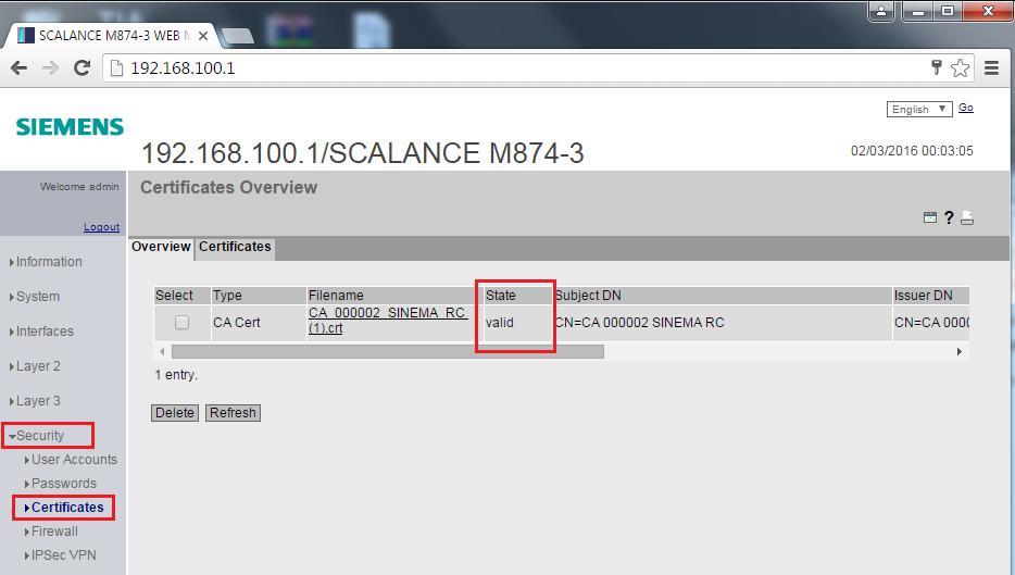 6. SCALANCE M874-3 GSM/GPRS/3G üzerinden uzaktan erişim Modem ayarları Yüklenen sertifikanın