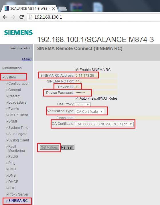 6. SCALANCE M874-3 GSM/GPRS/3G üzerinden uzaktan erişim Modem SINEMA ayarları Modem, SINEMA RC ayarları yapılır.