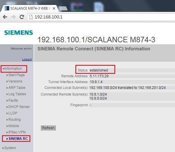 6. SCALANCE M874-3 GSM/GPRS/3G üzerinden uzaktan erişim Modem SINEMA ayarları Modemin SINEMA RC Server a