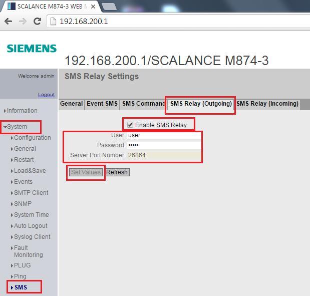 7. SCALANCE M874-3 modem ile S7 PLC ile SMS gönderme SMS Relay enable yapılır. Ve PLC SMS Send bloğunda kullanılan user, password ve port numarası girilir.