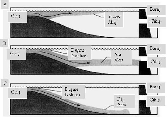 12 Şekil 2.2. Rezervuarlarda yoğunluğa bağlı akıntı hareketleri; A. yüzey akışı, B. Ara Akış, C. Dip akışı [Tüzün ve ark., 2006].