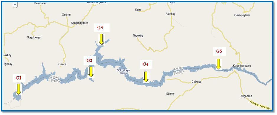 58 Harita 4.1. Gökçekaya Baraj Gölü numune istasyonları. Çizelge 4.2. Göl yüzeyindeki çalışma istasyonlarının koordinatları.
