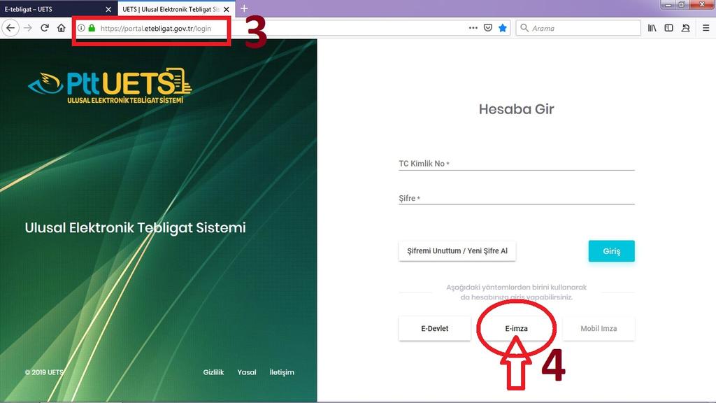 Yukarıdaki resimde bulunan 4 numara ile gösterilen e-imza linkine tıklayınca aşağıdaki resimde görülen sayfa açılacaktır.