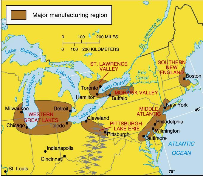 Kuzey Amerika Sanayi Bölgesi: Sanayinin Kuruluşu 6 Ağır Sanayi Bölgesi: 5 tanesi ABD de ve 1 tanesi Kanada da New England En eski bölge 19.