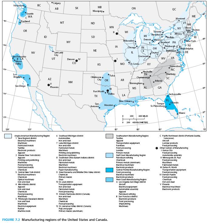 Günümüzde ABD de Sanayinin Bölgesel Düzeyde Sektörel Dağılımı (2010): Yeni Sanayi Bölgeleri 1. Kuzeydoğu sanayi bölgesi (SB): 12 Bölge 2.