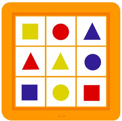 Kırmızı üçgen-kırmızı kare-kırmızı daire Sarı üçgen-sarı kare-sarı daire Mavi üçgen-mavi daire-mavi kare Oyunları alıp açmalarını belirttiği şekilde önlerine yerleştirmelerini söyler.