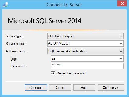 SQL Server Authentication ile veritabanına bağlanma Server Type ile veritabanı dışında, analiz, raporlama ve entegrasyon