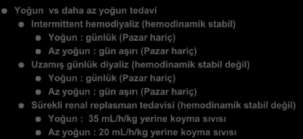 günlük (Pazar hariç) Az yoğun : gün aģırı (Pazar hariç) Sürekli renal replasman tedavisi