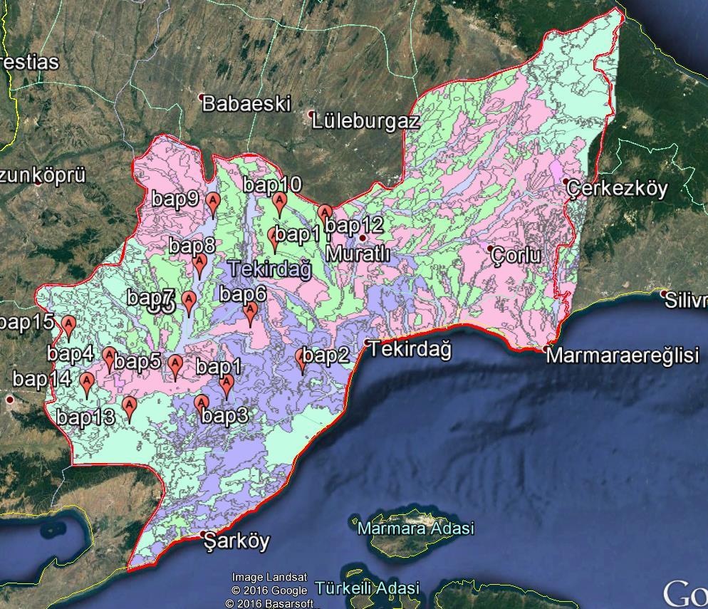 N Şekil. Google Earth Uydu fotoğrafı üzerinde Tekirdağ ili Toprak grubu haritası Figure. Soil group Map of Tekirdağ on Google Earth Satellite photo. Çizelge.