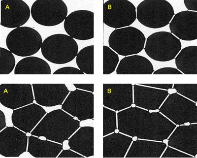 Figure 7. Model of the interparticle bond as the ceramic microstructure is transformed during the sintering process.