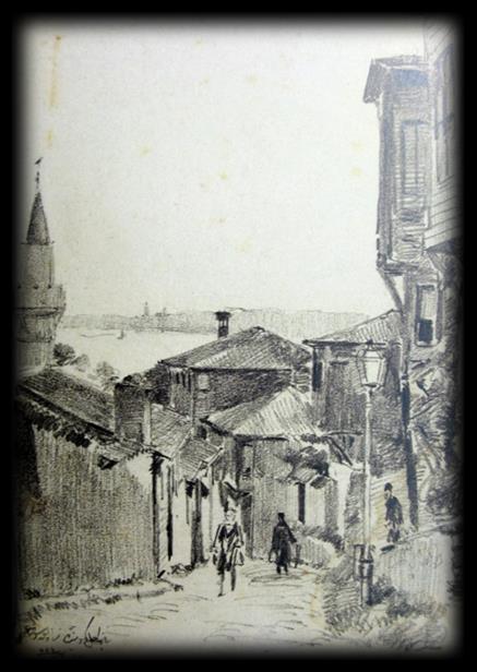 Resim 9: Çengelköy'de Mezarlık Sokağı, 23 Mayıs 1918, Kağıt Üzerine Karakalem, 27x19 cm.