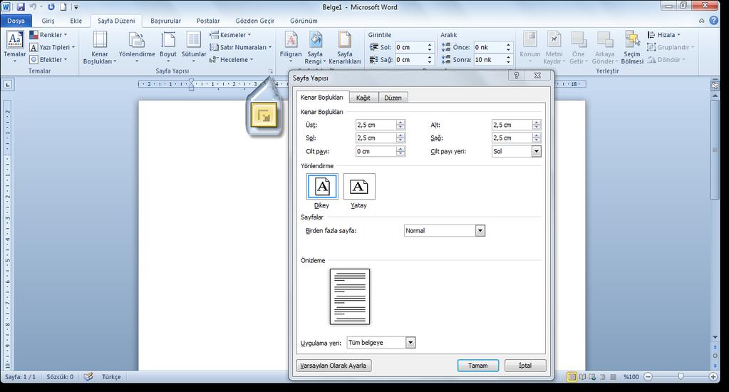 Bu alan şu şekilde çalışmaktadır. İlgili sekmeye (örneğin Word programında Sayfa Düzeni sekmesine) tıklanır.