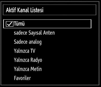 Favorites (Sık Kullanılanlar) seçeneğini seçmek için / ve OK tuşlarını kullanınız. Çeşitli kanalları favori kanallarınız olarak belirleyebilir, böylece yalnızca bu kanallar arasında gezinebilirsiniz.