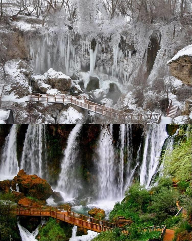 Fotoğraf 2: Sızır Şelalesi nin Donmuş ve Normal Görüntüsü Kaynak: (Türkiye Gazetesi, 2015) Kış aylarında genellikle donan şelale buz tırmanışlarına elverişli hale gelmektedir (Fotoğraf 2).