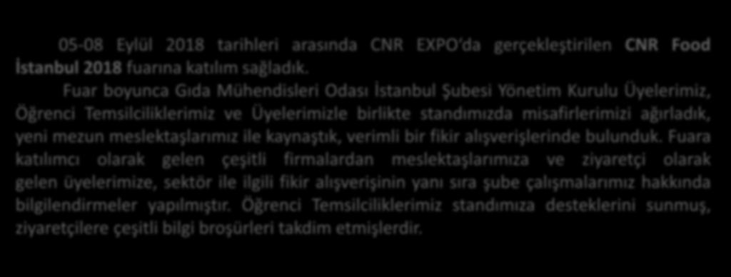 CNR FOOD İSTANBUL FUARINA KATILIM GERÇEKLEŞTİRDİK 05-08 Eylül 2018 tarihleri arasında CNR EXPO da gerçekleştirilen CNR Food İstanbul 2018 fuarına katılım sağladık.