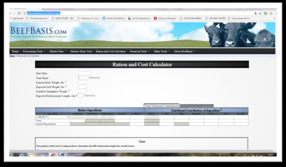 Resim 2.9.2. BeefBasis rasyon hazırlama programı Ülkemizde internet üzerinden ulaşıma açık olan http://rasyon.gov.