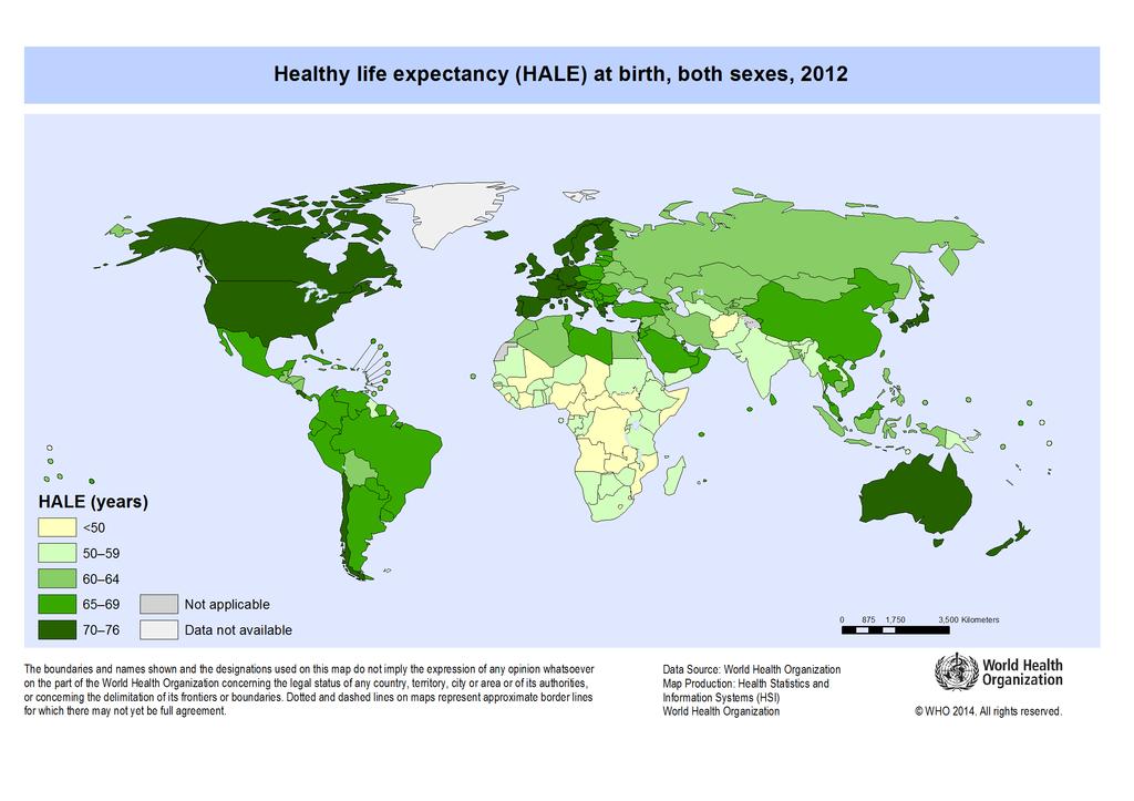 Sağlığa ayarlanmış yaşam yılı (2012) 2012 değeri ortalama=60 Seçilmiş