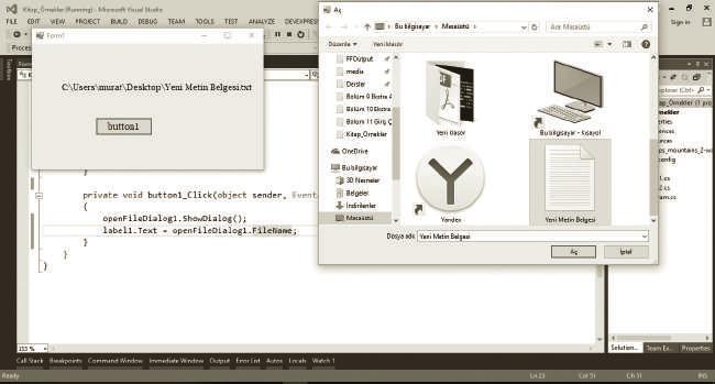 Böylece FolderBrowserDialog aracı ile OpenFileDialog aracı arasındaki fark daha net bir şekilde anlaşılmıştır. Şimdi örneklerimize devam edelim.