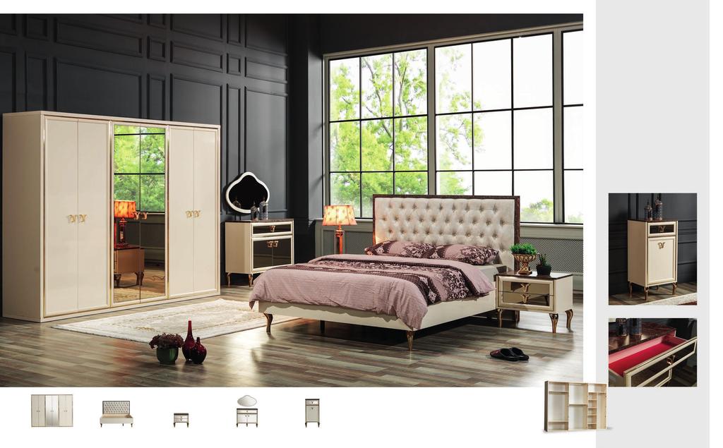 ESTELLA Şıklığı ve zerafeti sunan ince ayrıntıları ile yatak odanıza farklı bir hava katacak. Kullanılan aksesuarlar, bronz renk aynalar ve doğal renkleriyle şık ve zarif bir tasarıma sahiptir.