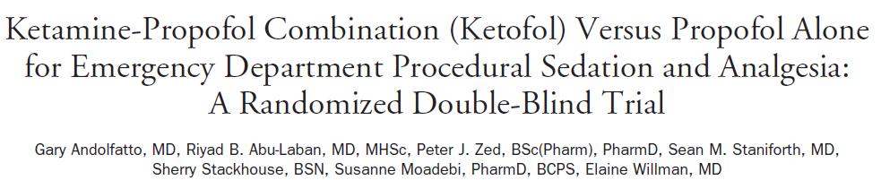 Randomize, çift-kör çalışma, 284 hasta (%63 ü travma) Ketofol 142 hasta, propofol 142 hasta Ketofol; 1:1 oranında 10 mg/ml ketamin ve 10