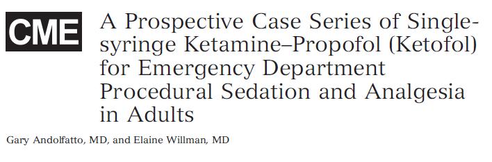Prospektif, gözlemsel, tek merkez çalışması. 2005-2009 arasında toplam 1287 hastanın 728 i ketofol almış (%69 travma), Ketofol;1:1 oranında, ort 0.7 mg/kg. GSA başarısı %98, Advers olay; %3.