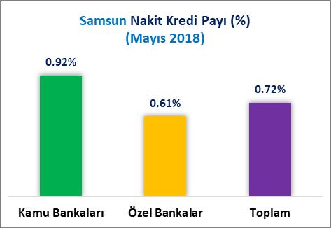 Samsun ilinin 2018 Mayıs sonu itibariyle kamu bankaları nakit kredi stoku payı %0.92, özel bankalar nakit kredi stoku payı %0.61, toplam nakit kredi stoku payı %0.72 oranındadır.