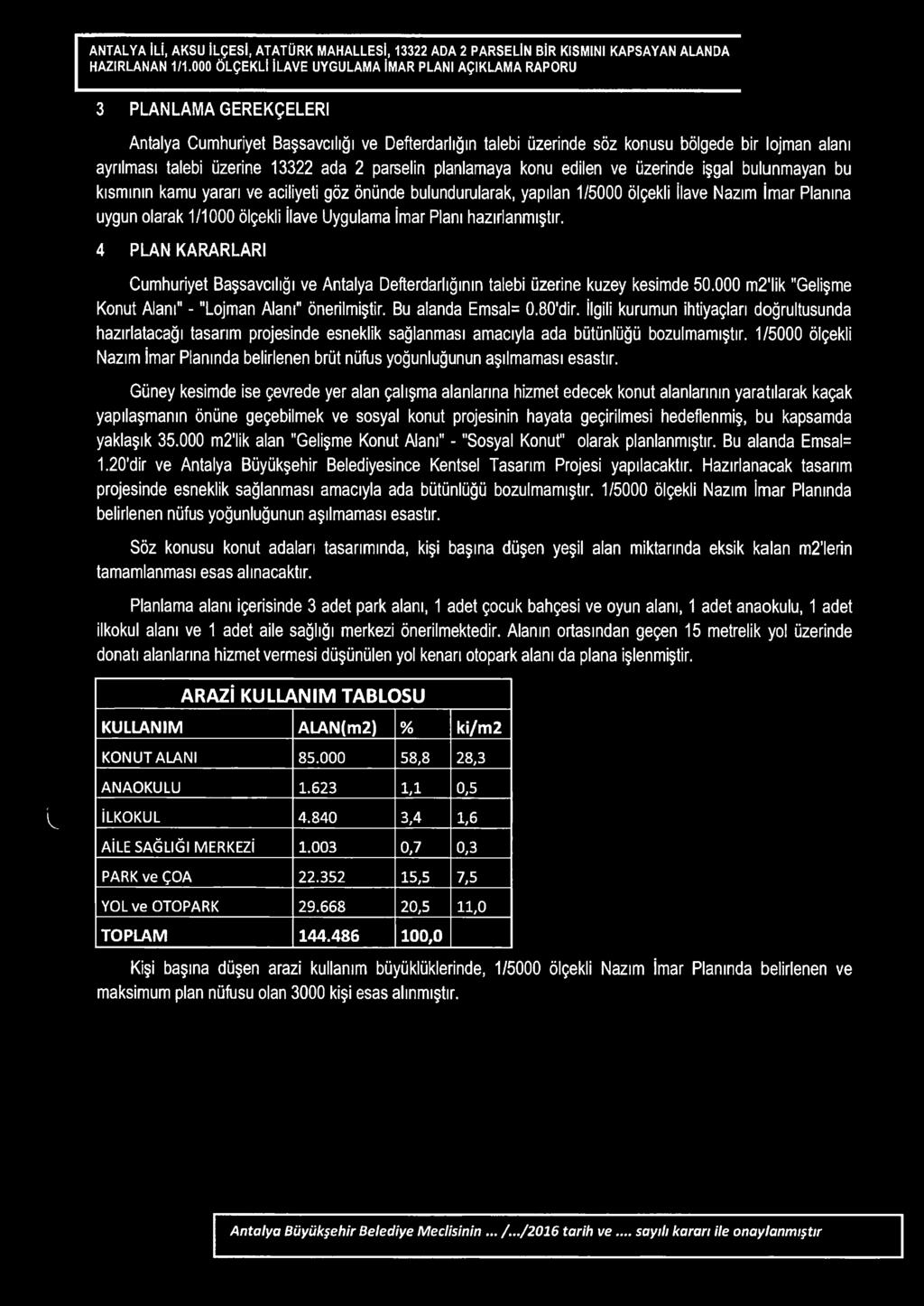 üzerine 13322 ada 2 parselin planlamaya konu edilen ve üzerinde işgal bulunmayan bu kısmının kamu yararı ve aciiiyeti göz önünde bulundumlarak, yapılan 1/5000 ölçekli İlave Nazım İmar Planına uygun