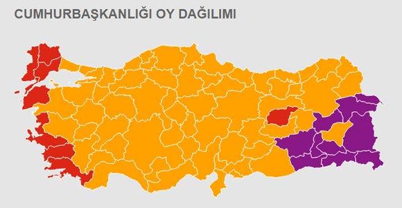 Türkiye genelinde cumhurbaşkanlığı seçimlerinde 63 ilde Cumhurbaşkanı Erdoğan, 8 ilde Muharrem İnce, 10 ilde Selahattin Demirtaş önde bitirdi. 24 Haziran Cumhurbaşkanlığı ve 27.
