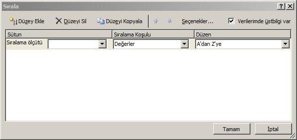 Yukarıdaki iģlemde, Excel sıralama iģlemini ilk sütuna, yani NO bilgilerinin bulunduğu sütuna göre yapacaktır.