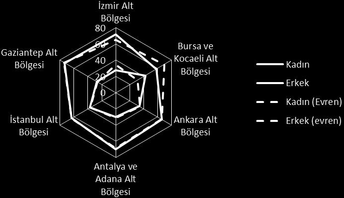 (%) Gaziantep Alt Bölgesi (%) Kadın 27,80 42,10 33,80 30,20 37,0 26,90 Erkek 72,20 57,90 66,20 69,80 63,0 73,10 Kadın (evren) 34,53 30,75 34,46 31,21 36,64 26,08 Erkek (evren) 65,47 69,24 65,53 68,78