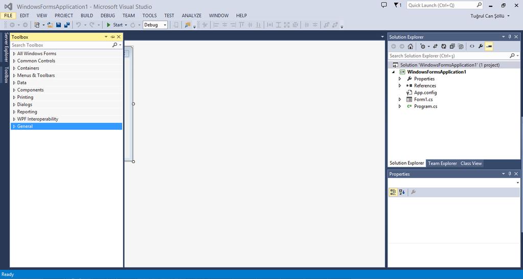 Visual Studio Ana Ekranı(devam ) Toobox Sekmesi Form