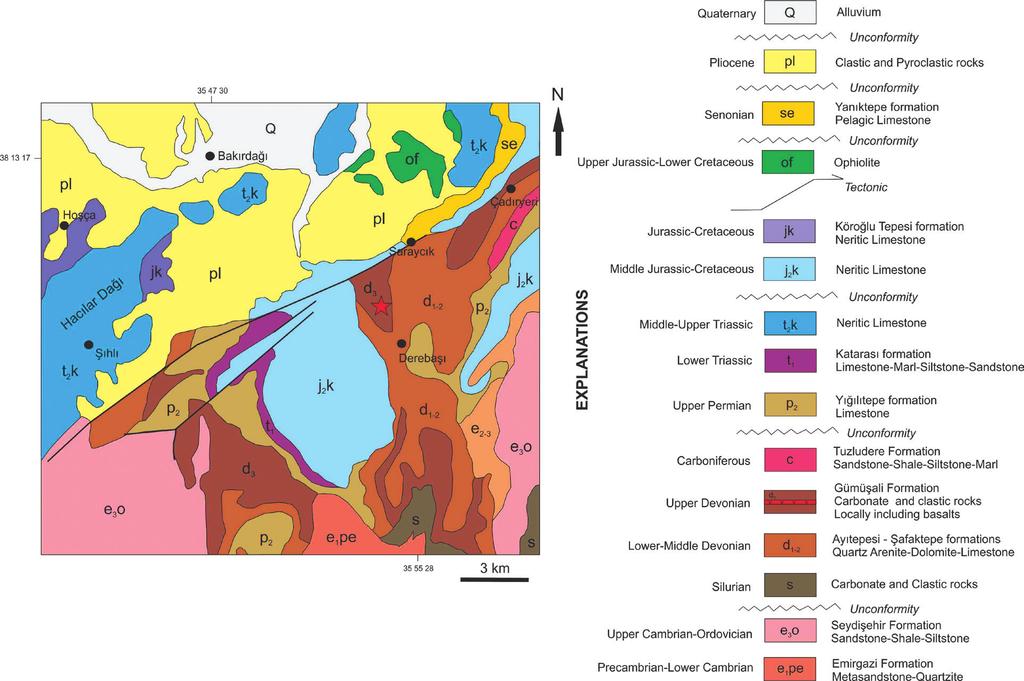 The new findings on the Late Devonian volcanism in the Eastern Taurides (Develi, Kayseri): Preliminary data Figure 2. Geological map of the study area (modified from MTA, 2003 and Dalkılıç, 2009).