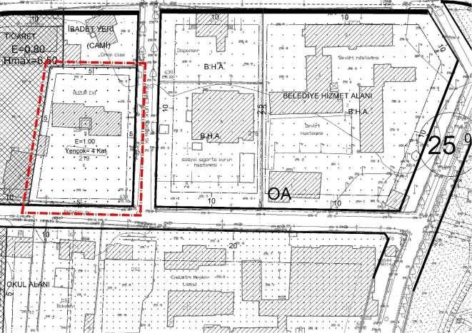 Şekil 4: Plan Değişikliği Önerisi Plan Değişikliği önerisi ile 219 Ada, 8 Nolu Parselde tanımlı Belediye Hizmet Alanı Mekânsal Planlar Yapım Yönetmeliği nin Ek-2 Tablosuna göre herhangi bir standart