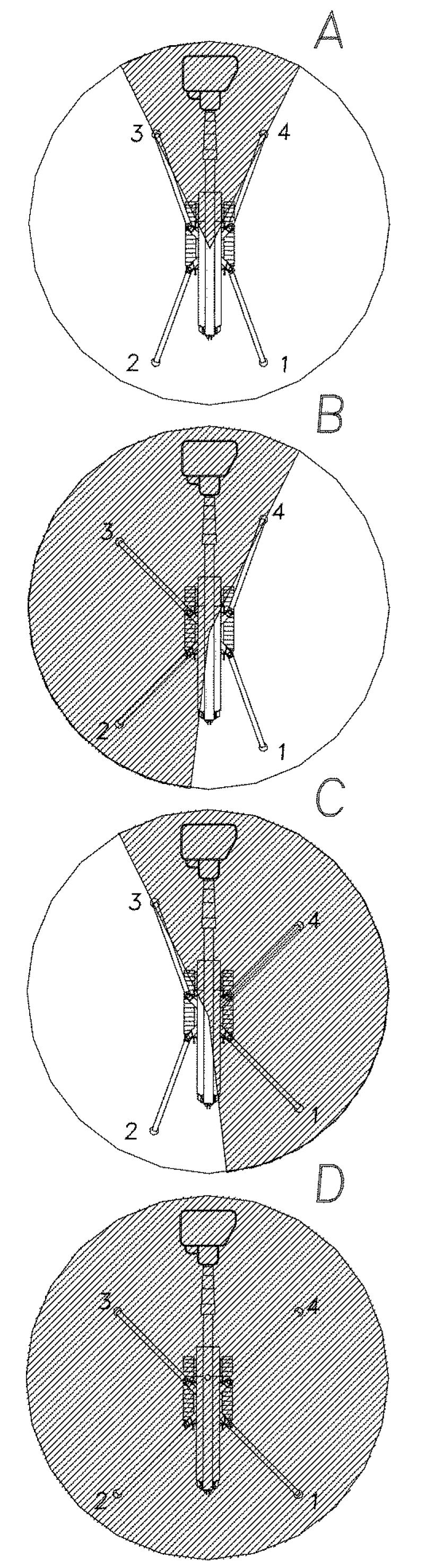 Stabilizer ayak pozisyonları Bütün stabilizer ayaklar dar konumda. 1 ve 2 numaralı stabilizer dar konumda. 2 ve 3 numaralı stabilizer maksimum konumda. Daraltılmış çalışma alannı Maks.